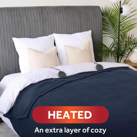 Sunbeam Royal Ultra Fleece Heated Electric Blanket Queen Size, 90" x 84", 12 Heat Settings, 12 - Hour Selectable Auto Shut - Off, Fast Heating, Machine Washable, Warm and Cozy, Indigo - with Indigo | Sold by Uncle Wiener's Wholesale