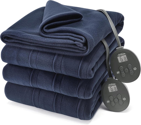 Sunbeam Royal Ultra Fleece Heated Electric Blanket Queen Size, 90" x 84", 12 Heat Settings, 12 - Hour Selectable Auto Shut - Off, Fast Heating, Machine Washable, Warm and Cozy, Indigo - with Indigo | Sold by Uncle Wiener's Wholesale
