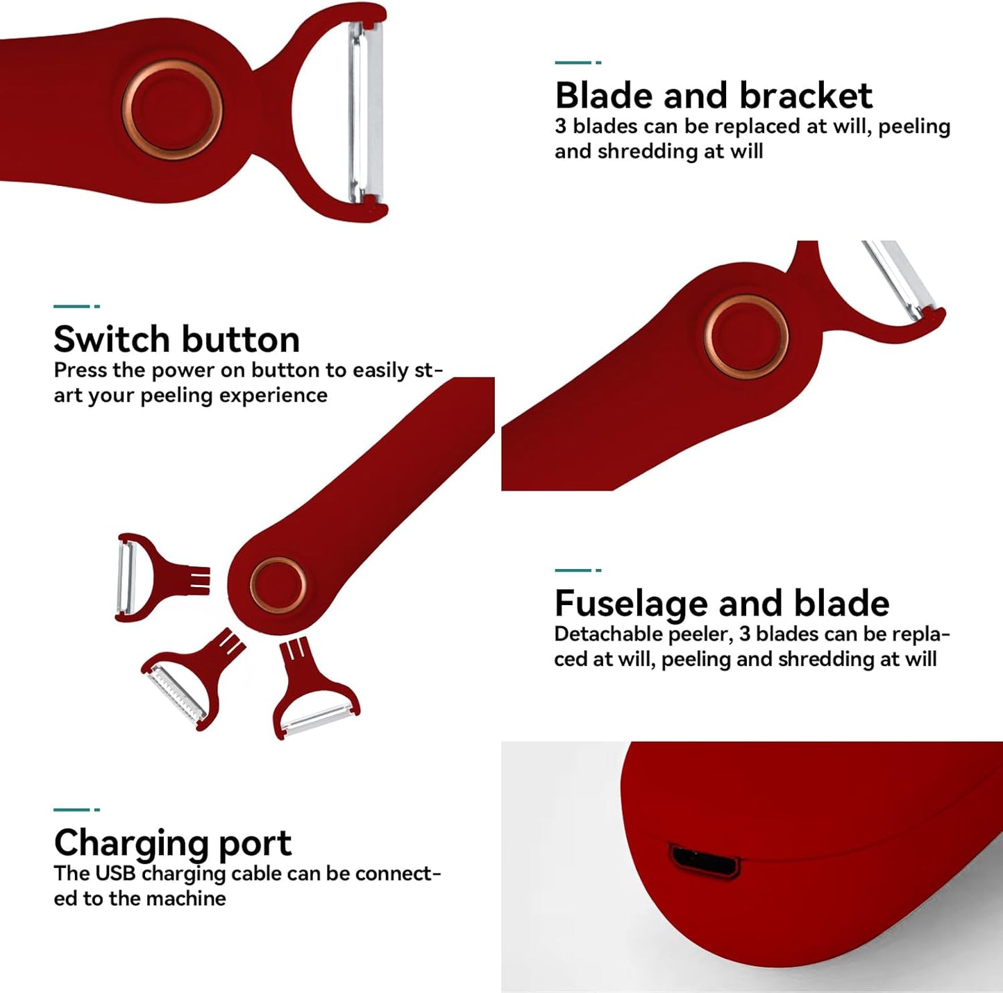 SUNHAIXIA 3 in 1 Electric Vegetable Peeler USB Rechargeable Automatic Fruit and Vegetable Peeler - Kitchen Appliances with Red | Sold by Uncle Wiener's Wholesale