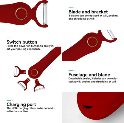 SUNHAIXIA 3 in 1 Electric Vegetable Peeler USB Rechargeable Automatic Fruit and Vegetable Peeler - Kitchen Appliances with Red | Sold by Uncle Wiener's Wholesale