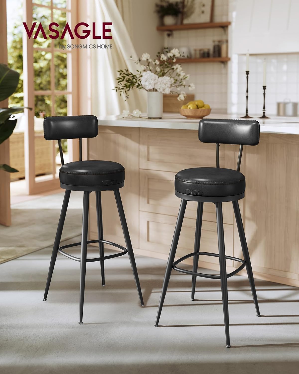 Swivel Bar Height Bar Stools Set of 2 with Backrest, Faux Leather Upholstery and Stitching, Mid-Century Modern Kitchen Island and Home Bar Chairs 30" Ink Black LBC889B01V2 - with | Sold by Uncle Wiener's Wholesale
