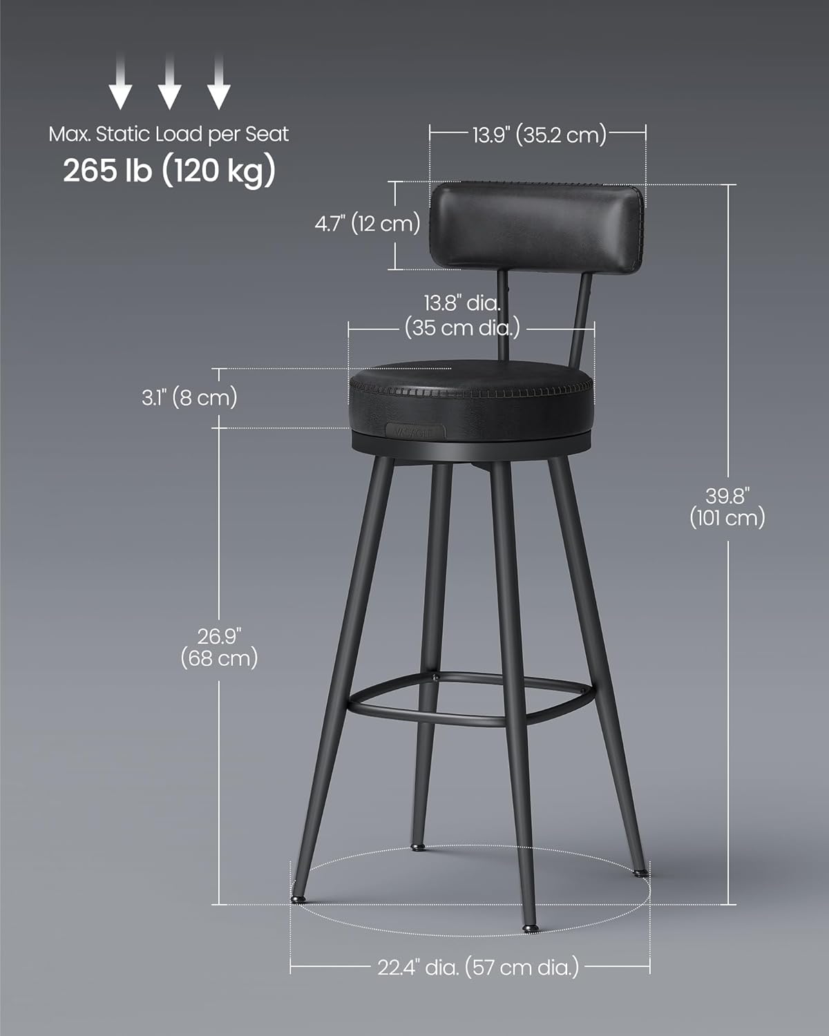 Swivel Bar Height Bar Stools Set of 2 with Backrest, Faux Leather Upholstery and Stitching, Mid-Century Modern Kitchen Island and Home Bar Chairs 30" Ink Black LBC889B01V2 - with | Sold by Uncle Wiener's Wholesale