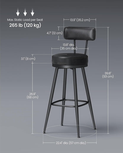 Swivel Bar Height Bar Stools Set of 2 with Backrest, Faux Leather Upholstery and Stitching, Mid-Century Modern Kitchen Island and Home Bar Chairs 30" Ink Black LBC889B01V2 - with | Sold by Uncle Wiener's Wholesale