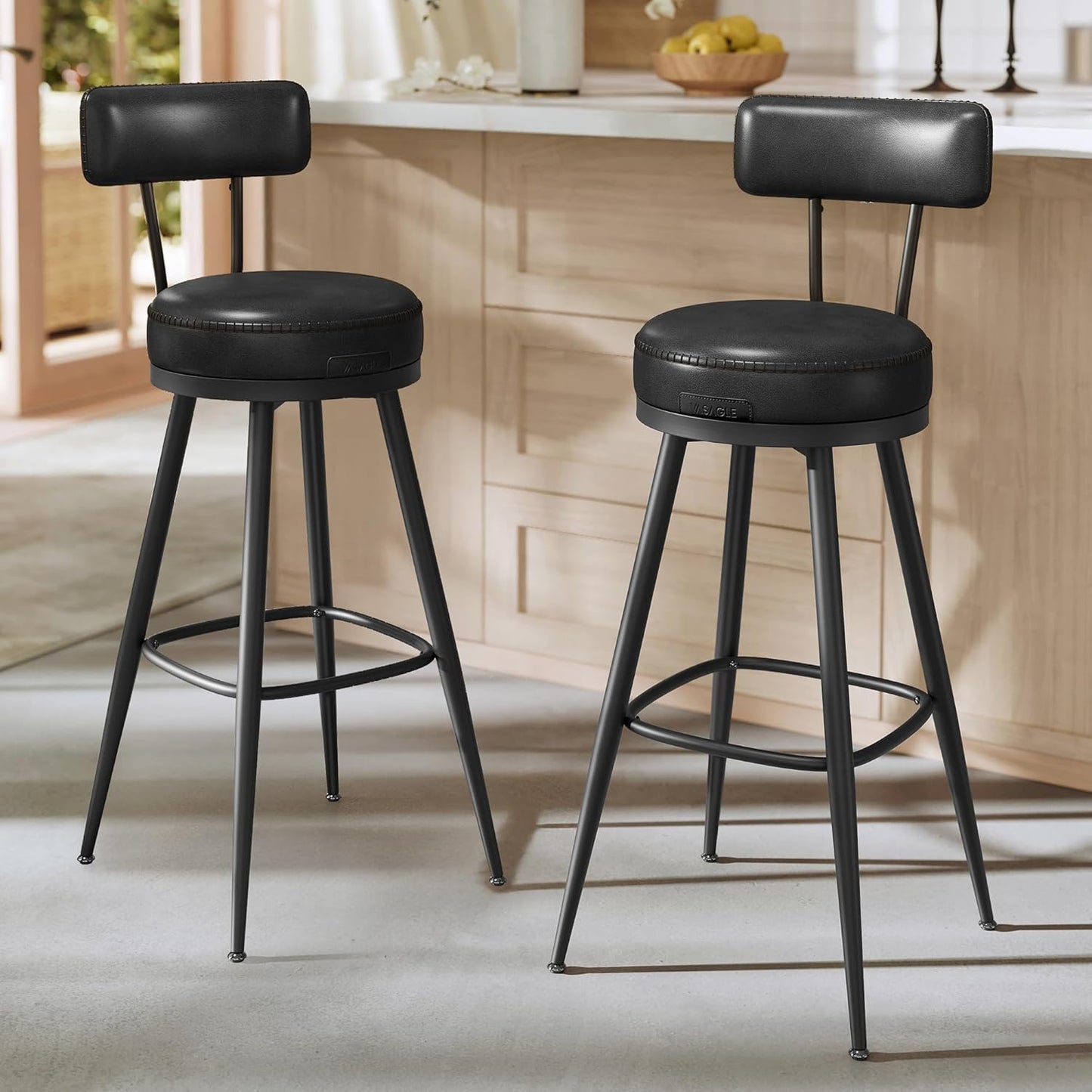Swivel Bar Height Bar Stools Set of 2 with Backrest, Faux Leather Upholstery and Stitching, Mid-Century Modern Kitchen Island and Home Bar Chairs 30" Ink Black LBC889B01V2 - with | Sold by Uncle Wiener's Wholesale