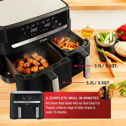 T - fal Dual Easy Fry XL Air Fryer 7 - in - 1, with 2 Baskets, 8.7 Qt total, Dual Air fryer, Air Fry, Extra Crisp, Roast, Bake, Reheat, Dehydrate, Sync Mode, Dishwasher Safe Baskets, Black & Metal, scratches on the top, good condition - with | Sold by Uncle Wiener's Wholesale