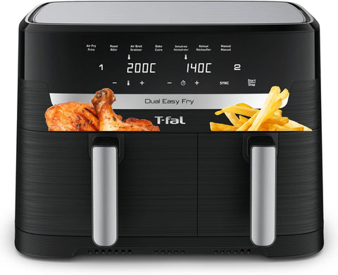 T - fal Dual Easy Fry XL Air Fryer 7 - in - 1, with 2 Baskets, 8.7 Qt total, Dual Air fryer, Air Fry, Extra Crisp, Roast, Bake, Reheat, Dehydrate, Sync Mode, Dishwasher Safe Baskets, Black & Metal, scratches on the top, good condition - with | Sold by Uncle Wiener's Wholesale