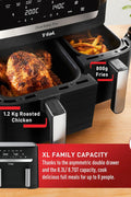 T - fal Dual Easy Fry XL Air Fryer 7 - in - 1, with 2 Baskets, 8.7 Qt total, Dual Air fryer, Air Fry, Extra Crisp, Roast, Bake, Reheat, Dehydrate, Sync Mode, Dishwasher Safe Baskets, Black & Metal, scratches on the top, good condition - with | Sold by Uncle Wiener's Wholesale