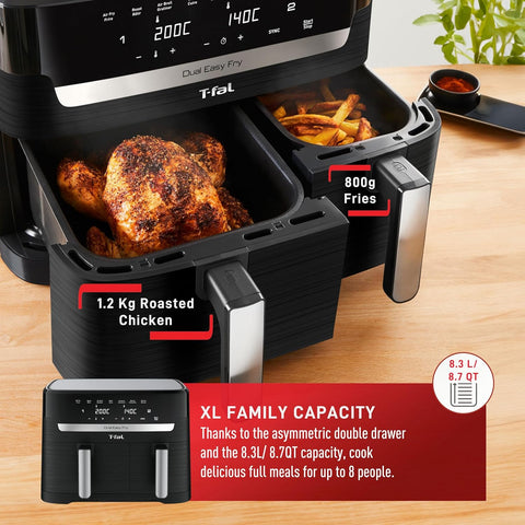 T - fal Dual Easy Fry XL Air Fryer 7 - in - 1, with 2 Baskets, 8.7 Qt total, Dual Air fryer, Air Fry, Extra Crisp, Roast, Bake, Reheat, Dehydrate, Sync Mode, Dishwasher Safe Baskets, Black & Metal, scratches on the top, good condition - with | Sold by Uncle Wiener's Wholesale