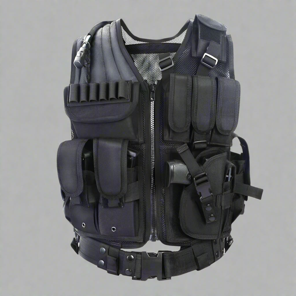 Tactical CS Field Vest – Front view with pouches

MOLLE Combat Vest – Side view with holster

Adjustable Tactical Vest – Laid flat

Camouflage Vest for Outdoor Use – Field-ready look

VT1063 Tactical Vest – Black and Camo color variants