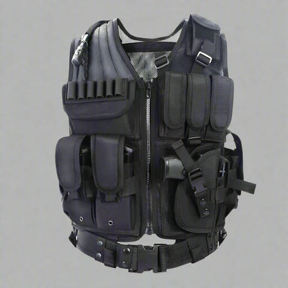 Tactical CS Field Vest – Front view with pouches

MOLLE Combat Vest – Side view with holster

Adjustable Tactical Vest – Laid flat

Camouflage Vest for Outdoor Use – Field-ready look

VT1063 Tactical Vest – Black and Camo color variants