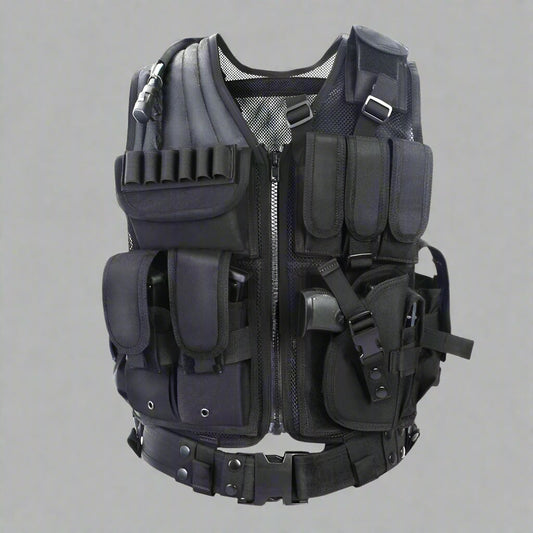 Tactical CS Field Vest – Front view with pouches

MOLLE Combat Vest – Side view with holster

Adjustable Tactical Vest – Laid flat

Camouflage Vest for Outdoor Use – Field-ready look

VT1063 Tactical Vest – Black and Camo color variants