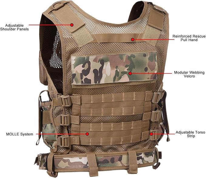 Tactical CS Field Vest – Front view with pouches

MOLLE Combat Vest – Side view with holster

Adjustable Tactical Vest – Laid flat

Camouflage Vest for Outdoor Use – Field-ready look

VT1063 Tactical Vest – Black and Camo color variants