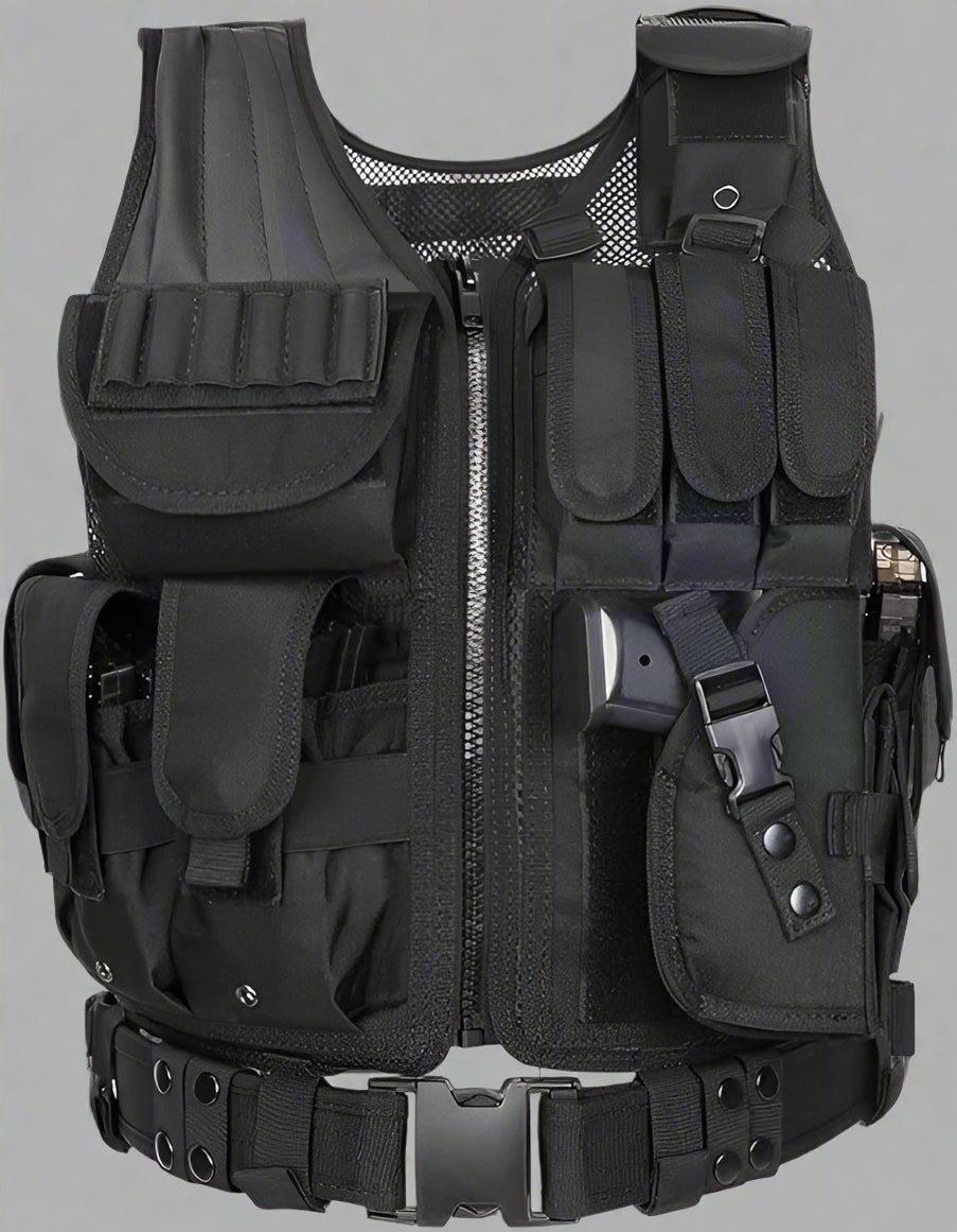 Tactical CS Field Vest – Front view with pouches

MOLLE Combat Vest – Side view with holster

Adjustable Tactical Vest – Laid flat

Camouflage Vest for Outdoor Use – Field-ready look

VT1063 Tactical Vest – Black and Camo color variants