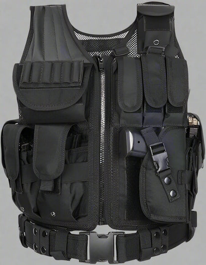 Tactical CS Field Vest – Front view with pouches

MOLLE Combat Vest – Side view with holster

Adjustable Tactical Vest – Laid flat

Camouflage Vest for Outdoor Use – Field-ready look

VT1063 Tactical Vest – Black and Camo color variants