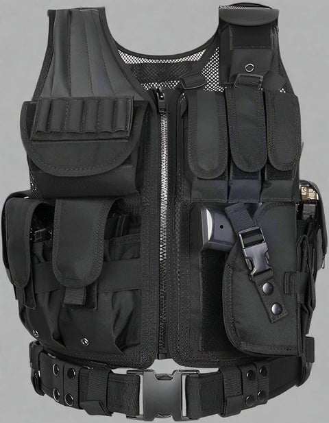 Tactical CS Field Vest – Front view with pouches

MOLLE Combat Vest – Side view with holster

Adjustable Tactical Vest – Laid flat

Camouflage Vest for Outdoor Use – Field-ready look

VT1063 Tactical Vest – Black and Camo color variants