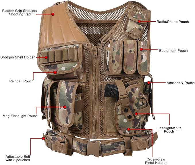 Tactical CS Field Vest – Front view with pouches

MOLLE Combat Vest – Side view with holster

Adjustable Tactical Vest – Laid flat

Camouflage Vest for Outdoor Use – Field-ready look

VT1063 Tactical Vest – Black and Camo color variants