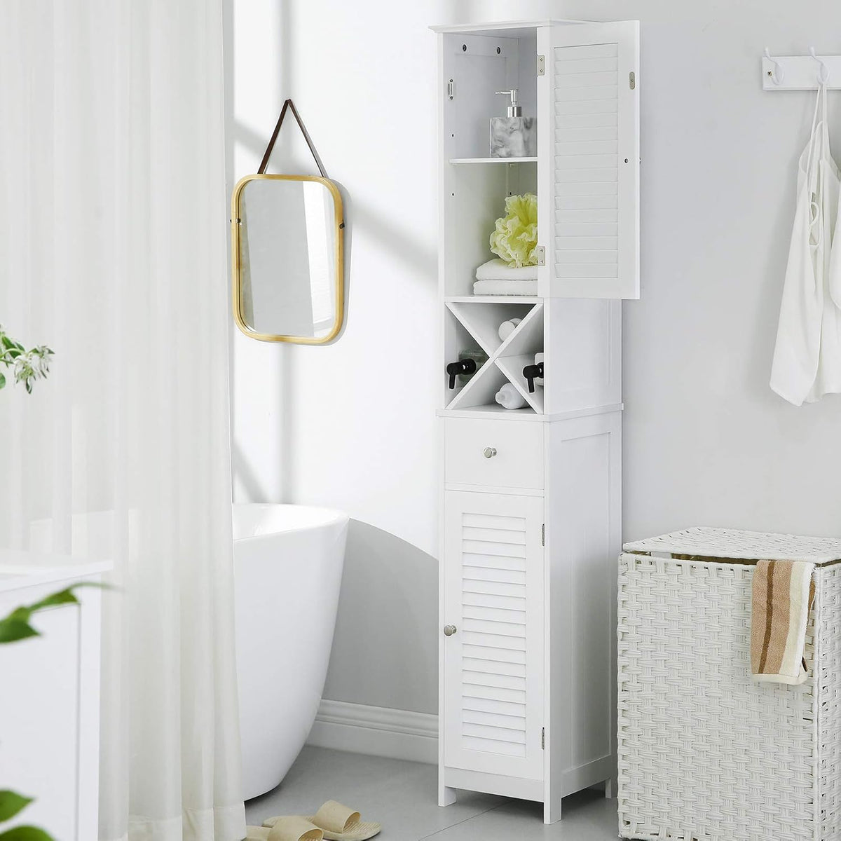 Tall Bathroom Storage Cabinet with Louvered Doors, Drawer & X-Shaped Towel Rack – 66.9" White Linen Tower BBC69WT - with | Sold by Uncle Wiener's Wholesale