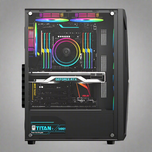 Black mid tower PC case with acrylic side panel
ATX compatible RGB gaming case front and top fan view
Mid tower chassis with front USB and airflow design