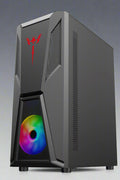 Black mid tower PC case with acrylic side panel
ATX compatible RGB gaming case front and top fan view
Mid tower chassis with front USB and airflow design