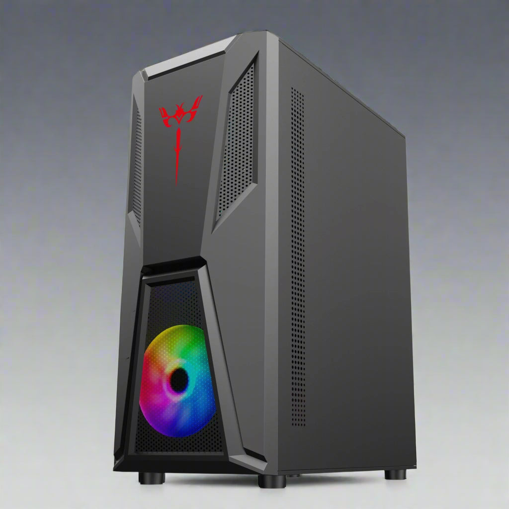 Black mid tower PC case with acrylic side panel
ATX compatible RGB gaming case front and top fan view
Mid tower chassis with front USB and airflow design