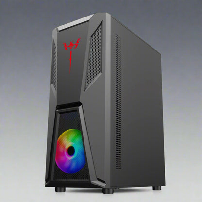 Black mid tower PC case with acrylic side panel
ATX compatible RGB gaming case front and top fan view
Mid tower chassis with front USB and airflow design