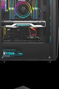 Black mid tower PC case with acrylic side panel
ATX compatible RGB gaming case front and top fan view
Mid tower chassis with front USB and airflow design