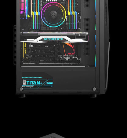 Black mid tower PC case with acrylic side panel
ATX compatible RGB gaming case front and top fan view
Mid tower chassis with front USB and airflow design