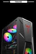 Black mid tower PC case with acrylic side panel
ATX compatible RGB gaming case front and top fan view
Mid tower chassis with front USB and airflow design