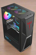 Black mid tower PC case with acrylic side panel
ATX compatible RGB gaming case front and top fan view
Mid tower chassis with front USB and airflow design