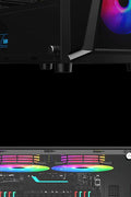 Black mid tower PC case with acrylic side panel
ATX compatible RGB gaming case front and top fan view
Mid tower chassis with front USB and airflow design