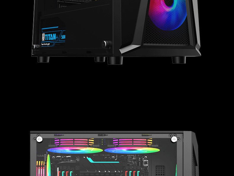Black mid tower PC case with acrylic side panel
ATX compatible RGB gaming case front and top fan view
Mid tower chassis with front USB and airflow design
