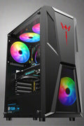 Black mid tower PC case with acrylic side panel
ATX compatible RGB gaming case front and top fan view
Mid tower chassis with front USB and airflow design