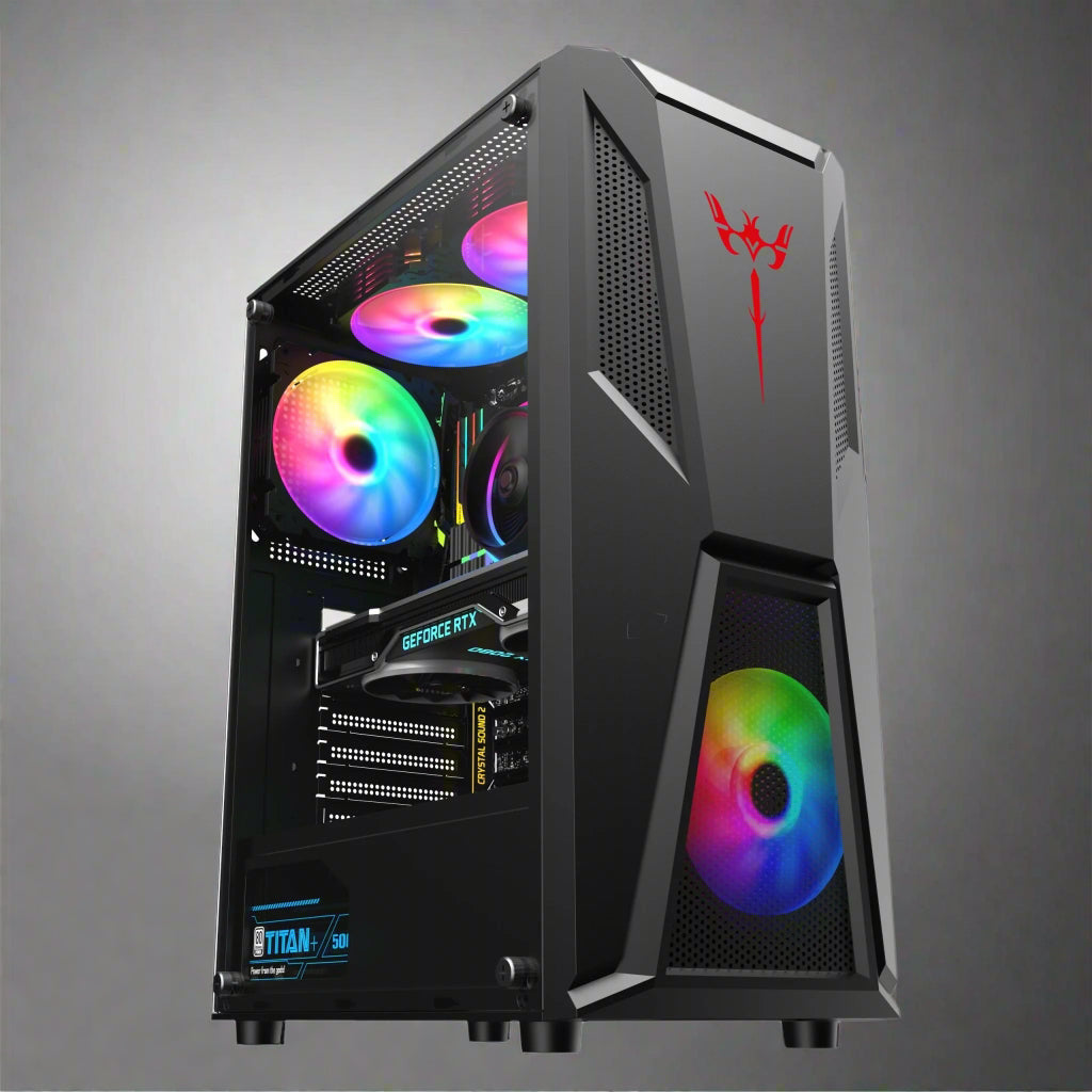 Black mid tower PC case with acrylic side panel
ATX compatible RGB gaming case front and top fan view
Mid tower chassis with front USB and airflow design