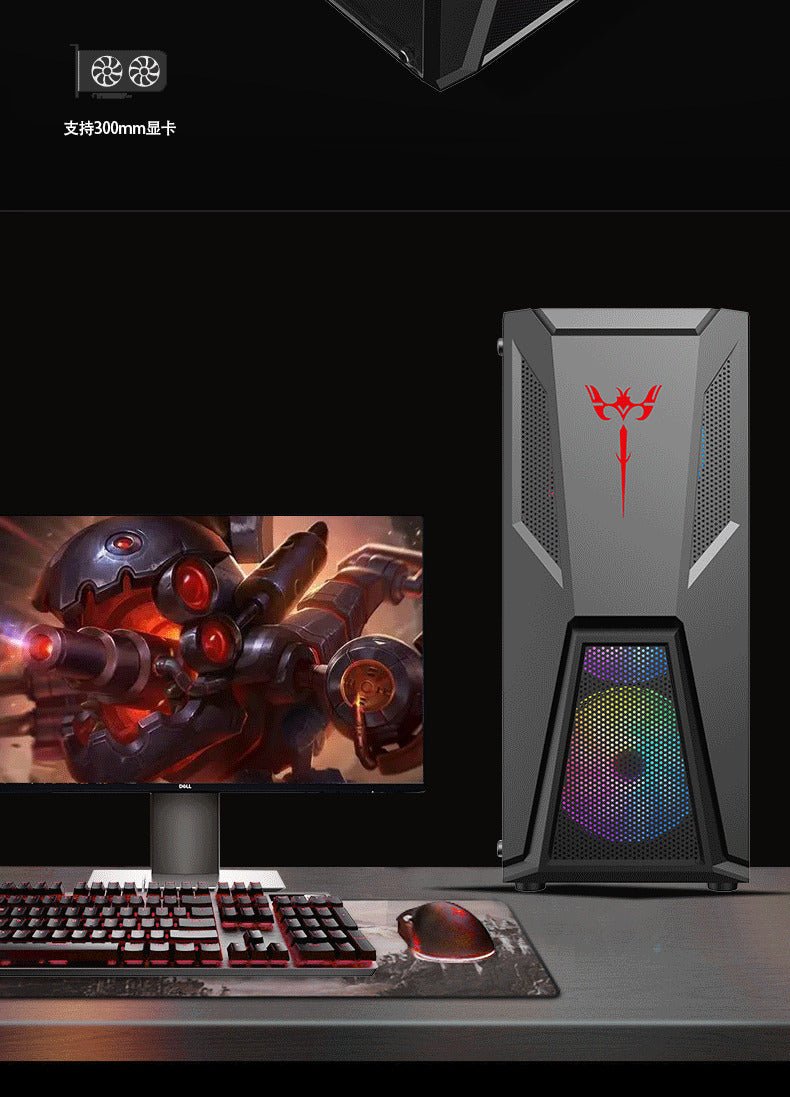 Black mid tower PC case with acrylic side panel
ATX compatible RGB gaming case front and top fan view
Mid tower chassis with front USB and airflow design