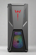 Black mid tower PC case with acrylic side panel
ATX compatible RGB gaming case front and top fan view
Mid tower chassis with front USB and airflow design