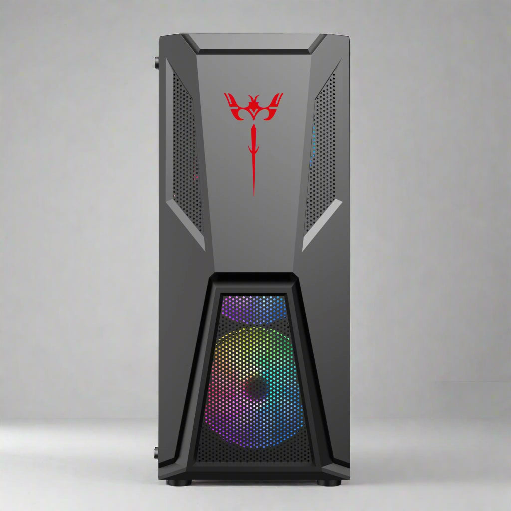 Black mid tower PC case with acrylic side panel
ATX compatible RGB gaming case front and top fan view
Mid tower chassis with front USB and airflow design