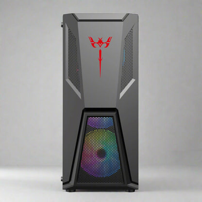 Black mid tower PC case with acrylic side panel
ATX compatible RGB gaming case front and top fan view
Mid tower chassis with front USB and airflow design