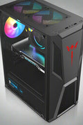 Black mid tower PC case with acrylic side panel
ATX compatible RGB gaming case front and top fan view
Mid tower chassis with front USB and airflow design