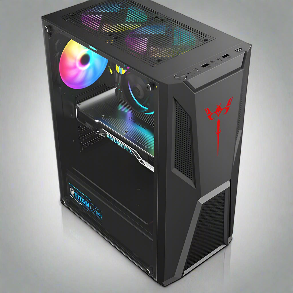 Black mid tower PC case with acrylic side panel
ATX compatible RGB gaming case front and top fan view
Mid tower chassis with front USB and airflow design