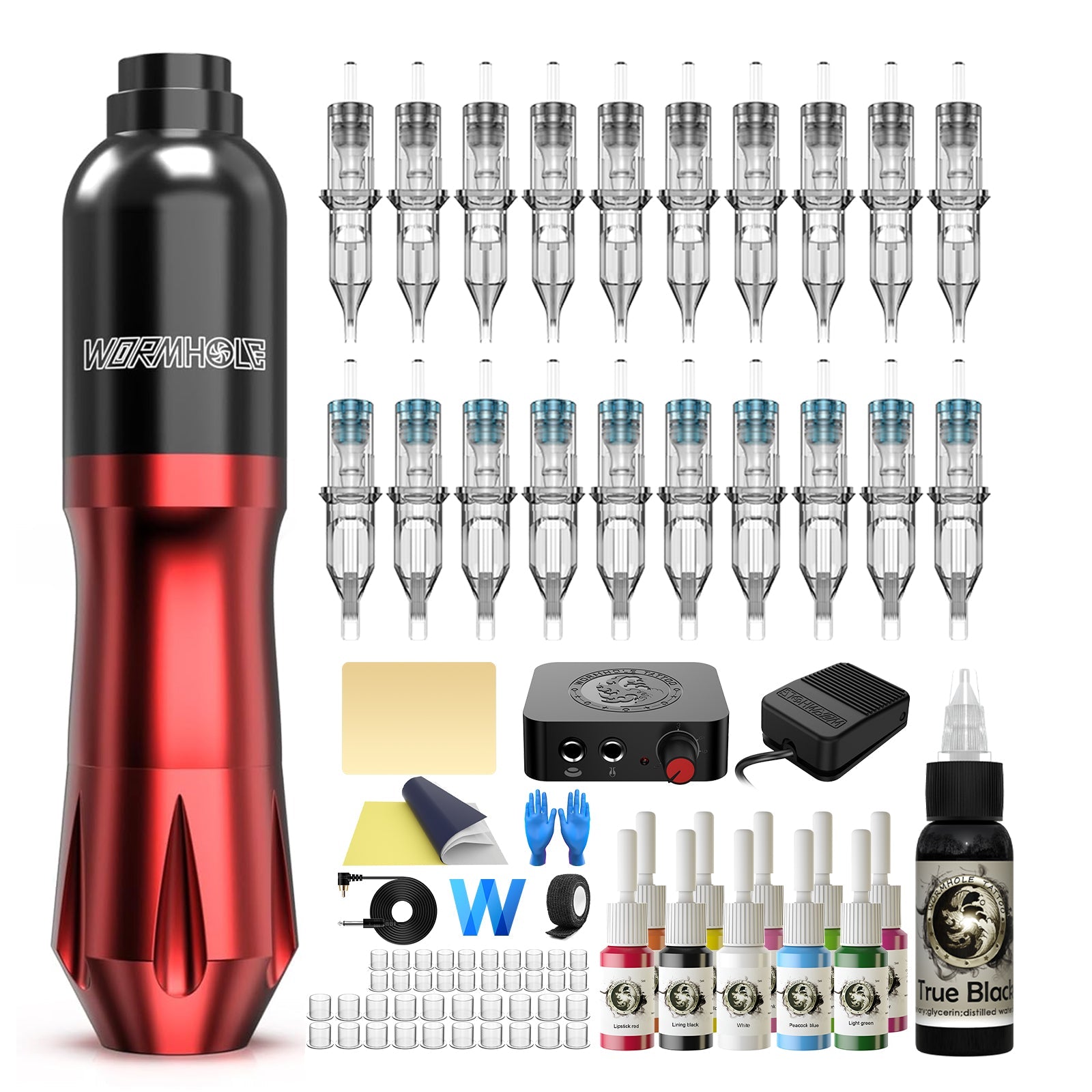 Tattoo Kit Pen Machine 20 Cartridge Needles 10 Ink Colors with Power Supply Foot Pedal RCA Cord – WTK079 - with | Sold by Uncle Wiener's Wholesale