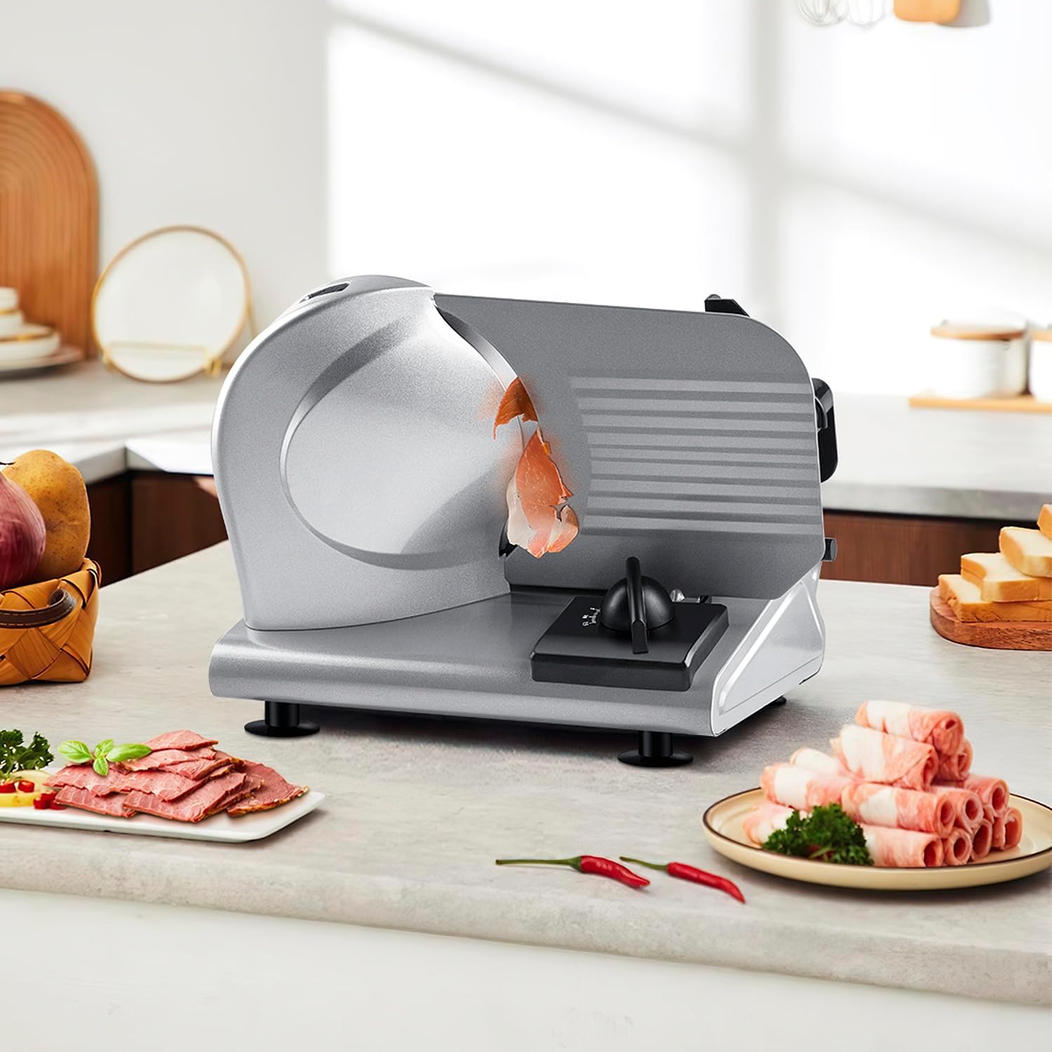 Techwood 150W Electric Meat Slicer 7.5" Stainless Steel Blade – Deli Food Slicer Adjustable Thickness l735280000000 - with | Sold by Uncle Wiener's Wholesale