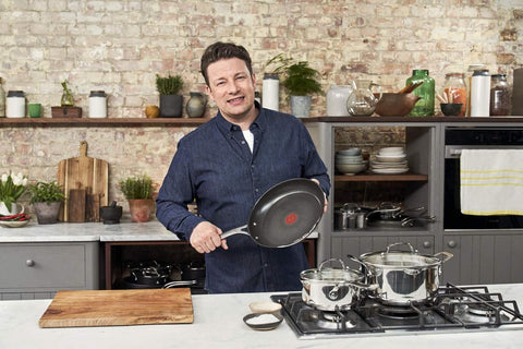 Tefal E304S344 Jamie Oliver Set x 3 Pan, 20 - 24 - 28 cm, 18/10 Steel - with Black | Sold by Uncle Wiener's Wholesale