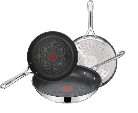Tefal E304S344 Jamie Oliver Set x 3 Pan, 20 - 24 - 28 cm, 18/10 Steel - with Black | Sold by Uncle Wiener's Wholesale