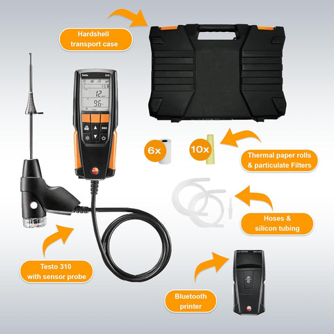 testo 310 Combustion Analyzer Kit with Printer – Combustion analyzer measuring O2, Flue gas, and CO2 – Manometer for Heating Systems – Carbon Monoxide Meter - with Black/Orange | Sold by Uncle Wiener's Wholesale