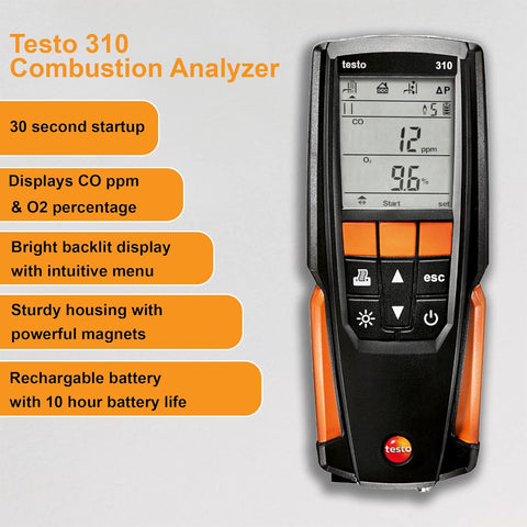 testo 310 Combustion Analyzer Kit with Printer – Combustion analyzer measuring O2, Flue gas, and CO2 – Manometer for Heating Systems – Carbon Monoxide Meter - with Black/Orange | Sold by Uncle Wiener's Wholesale