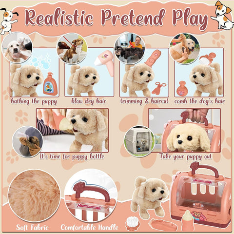 TEUVO Pet Care Play Set Robot Dog Toys for Kids 12Pcs Puppy Dog Toy Pet Walk Grooming Vet Toys Set with Interactive Electric Dog Plush & Cage Pretend Play Gifts for Girls Toddlers 3 4 5 6 7 8 Year Old - with | Sold by Uncle Wiener's Wholesale