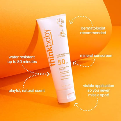 Thinkbaby Safe Mineral Sunscreen SPF 50+ – Broad Spectrum UVA/UVB Protection, Water Resistant, Reef Friendly Sunscreen for Babies, Kids & Sensitive Skin, 3 oz - Home products with | Sold by Uncle Wiener's Wholesale