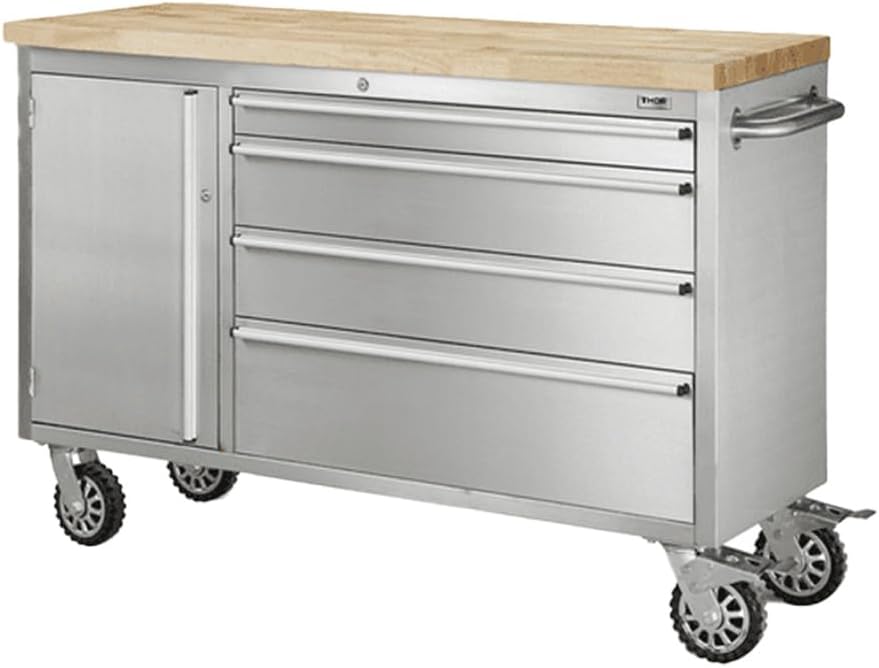 Thor 48″ Stainless Steel Rolling Tool Workbench with Wood Top, 4 - Drawer Mobile Tool Cabinet – HTC4804W1 - with | Sold by Uncle Wiener's Wholesale