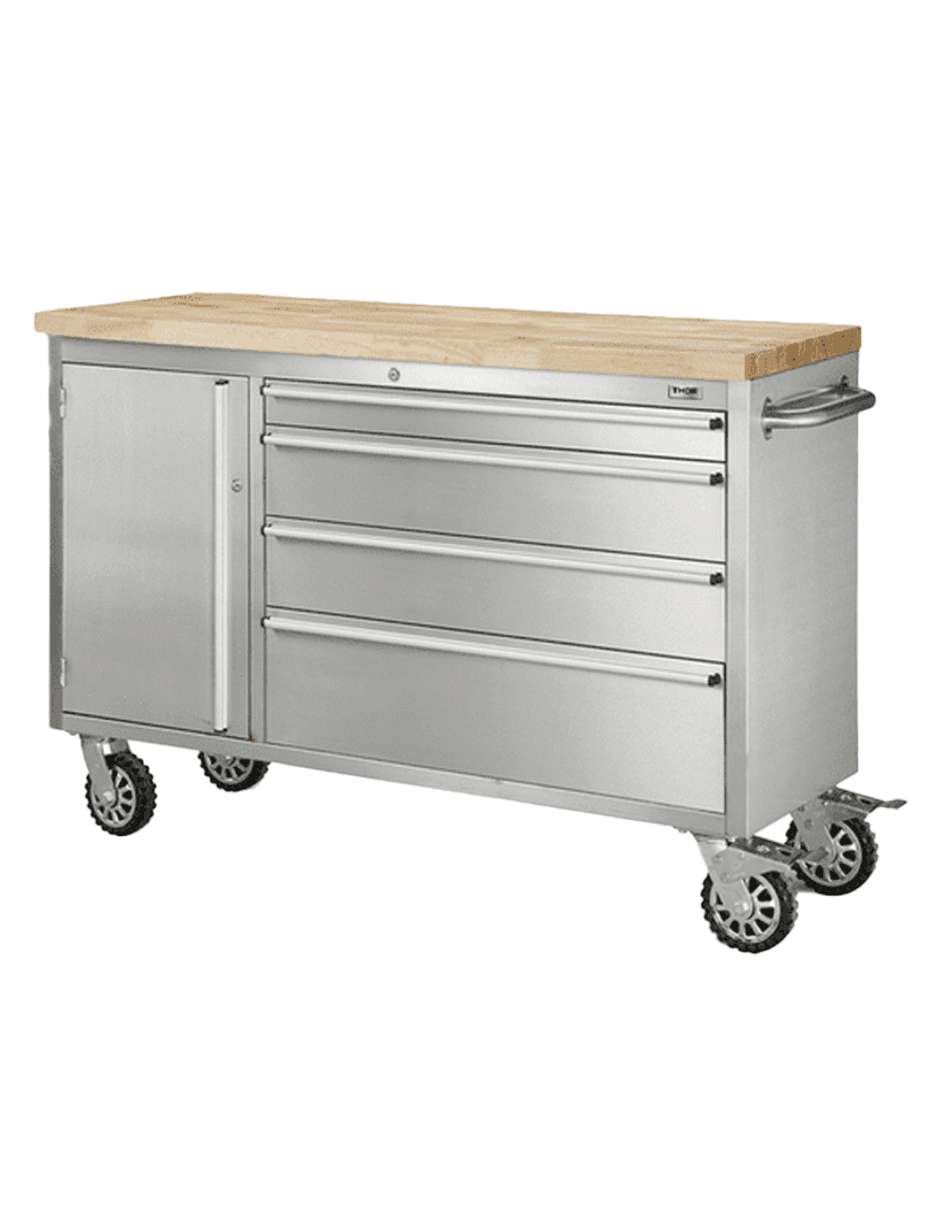 Thor 48″ Stainless Steel Rolling Tool Workbench with Wood Top, 4 - Drawer Mobile Tool Cabinet – HTC4804W1 - with | Sold by Uncle Wiener's Wholesale