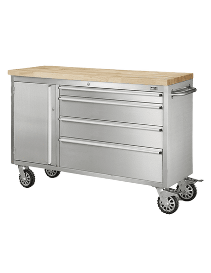 Thor 48″ Stainless Steel Rolling Tool Workbench with Wood Top, 4 - Drawer Mobile Tool Cabinet – HTC4804W1 - with | Sold by Uncle Wiener's Wholesale